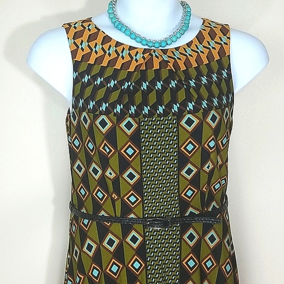 AGB Geometric Print Midi Dress Jewel Neck Sleeveless Career Office Teacher Artsy - Picture 2 of 8